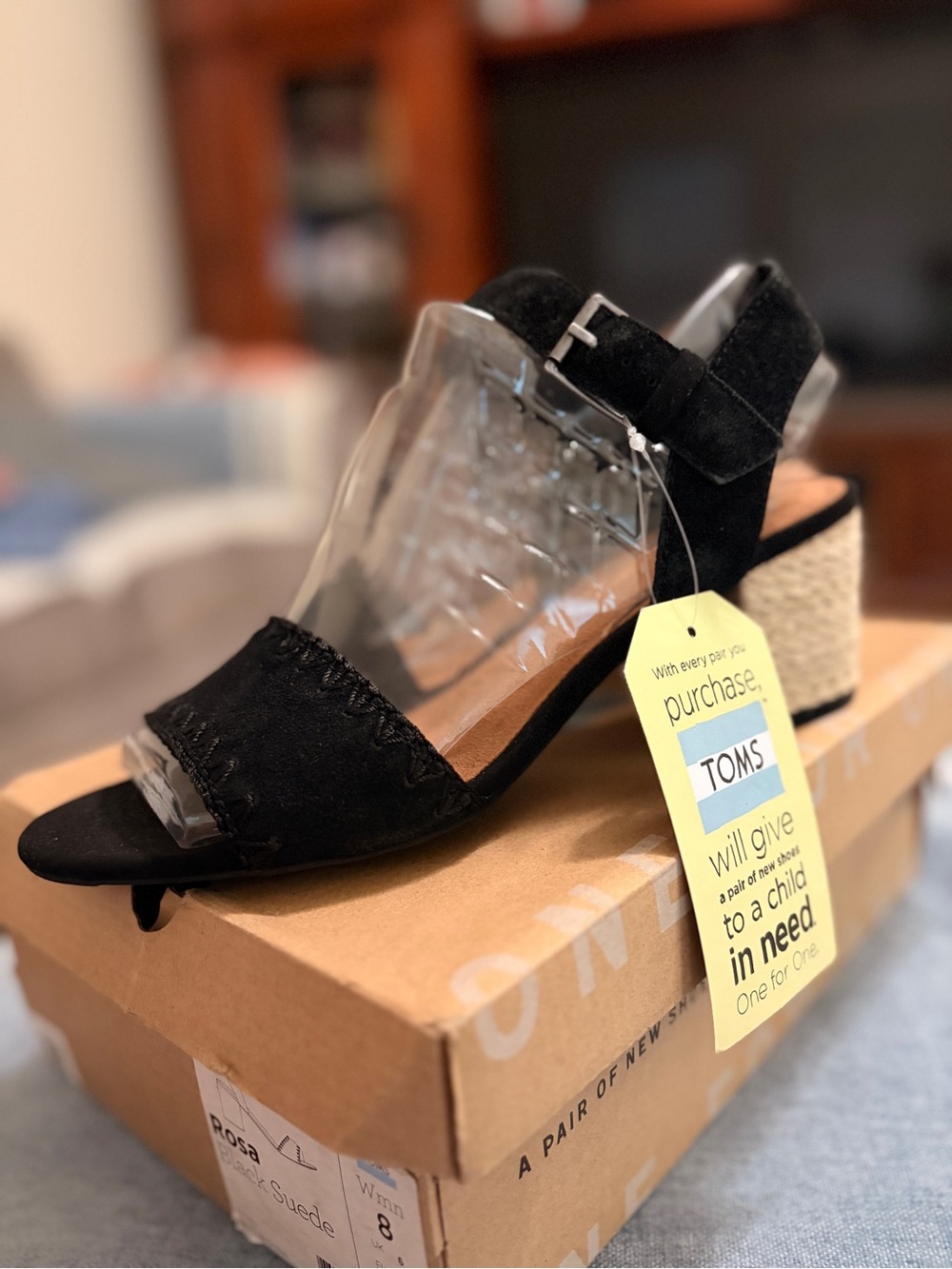TOMS Black Suede Wedge Sandal with Ankle Strap